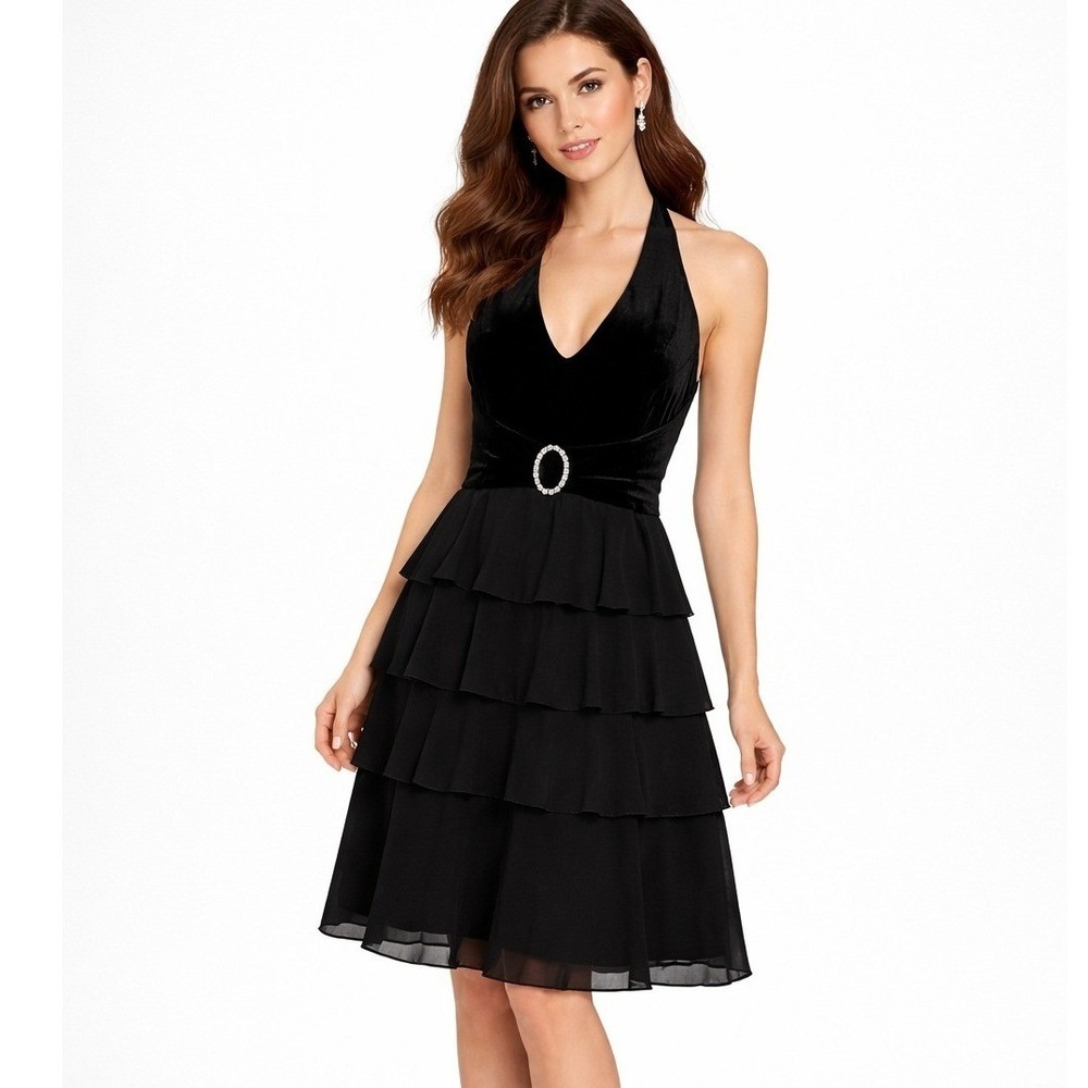 VTG Jessica Howard Womens Dress 12 Black Velvet Halter Tiered Ruffle 90s Y2K LBD